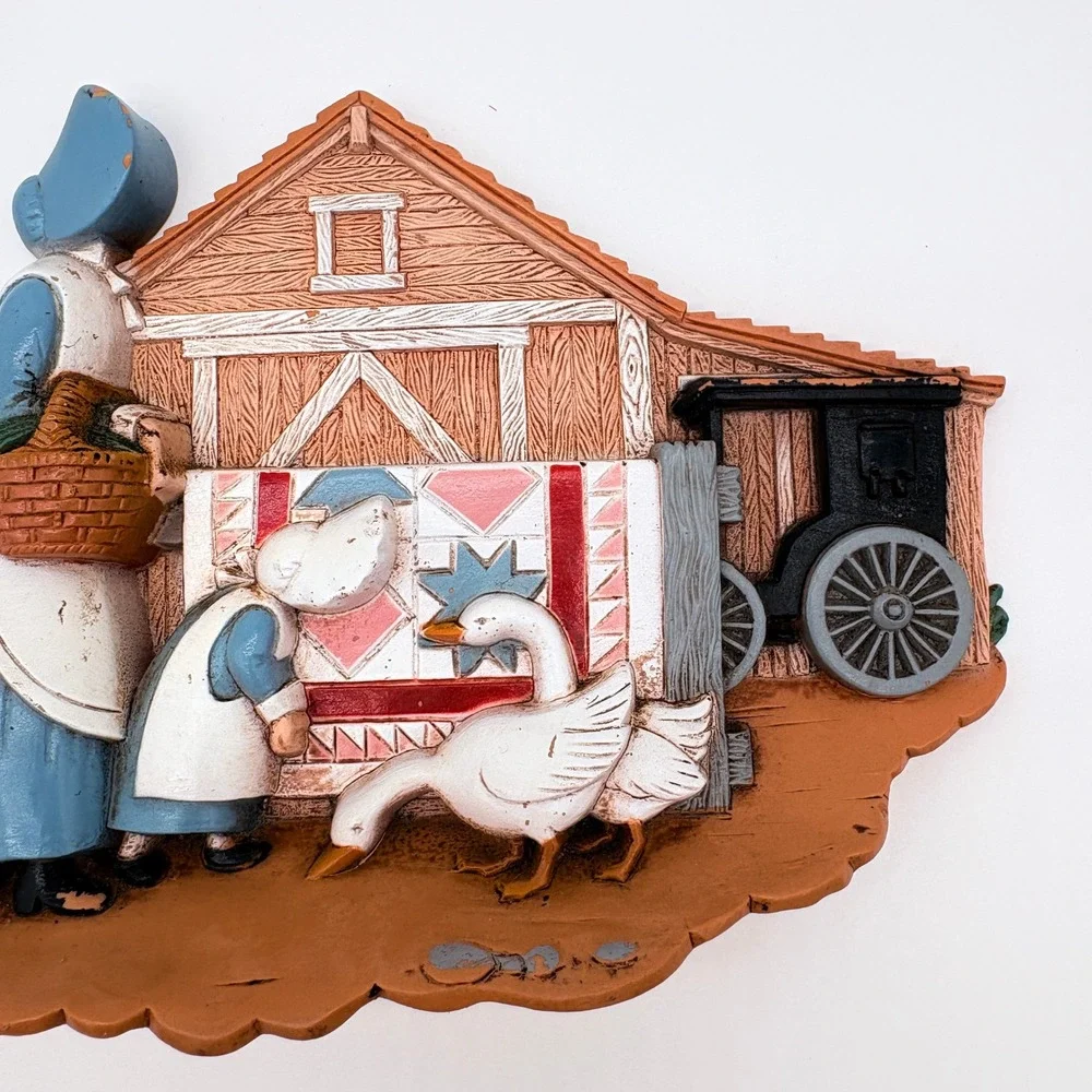 Vintage Amish Farm Scene Wall Hanging Barn Quilt Geese Rustic Country Folk Art